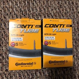 Continental mtn. Bike inner tubes (qty. 2). 26 x 1.75-2.5 42 mm presta.
